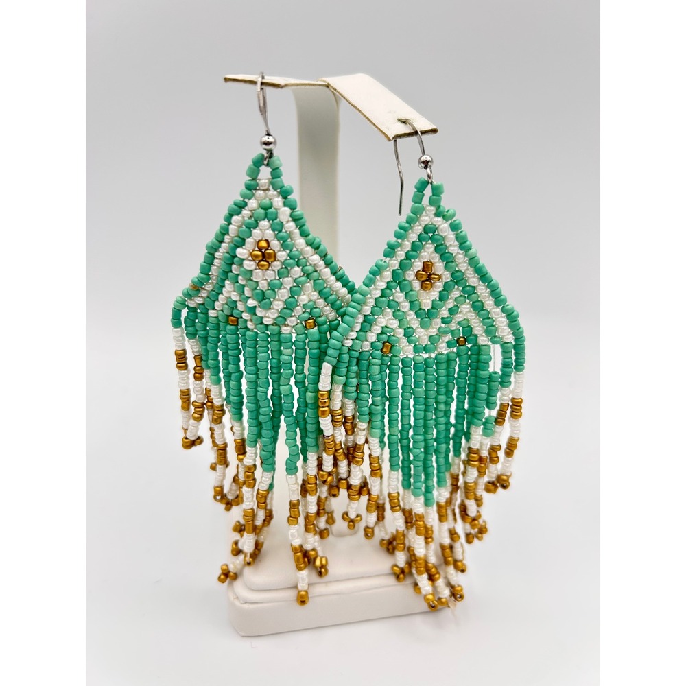 Beaded Fringe Earrings Womens OS Turquoise Good Boho Geometric
